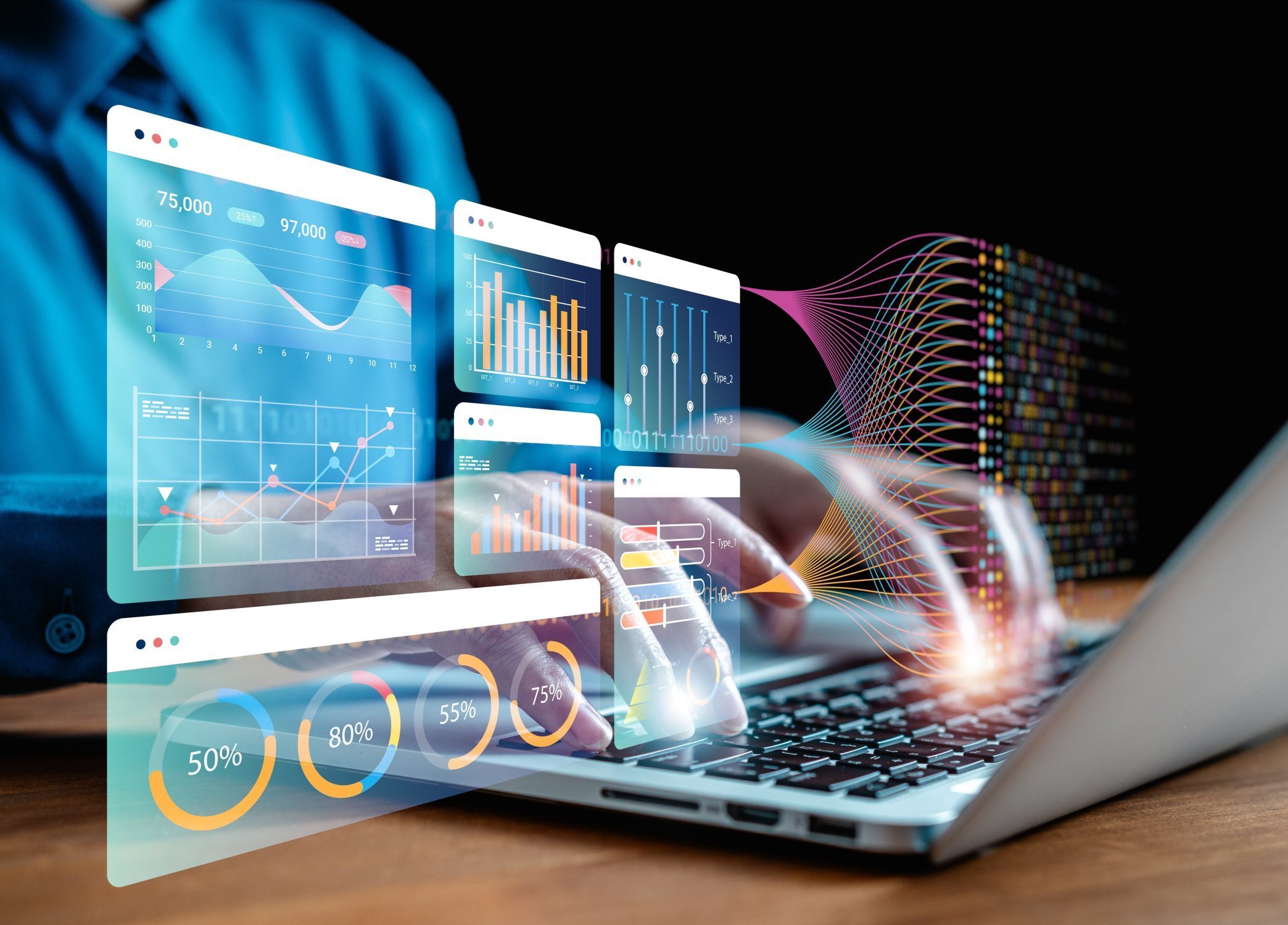 An image of a person typing on a laptop with a glowing, translucent digital dashboard overlay featuring various data visualizations, including line graphs, bar charts, and radial percentage gauges, representing advanced data analytics.